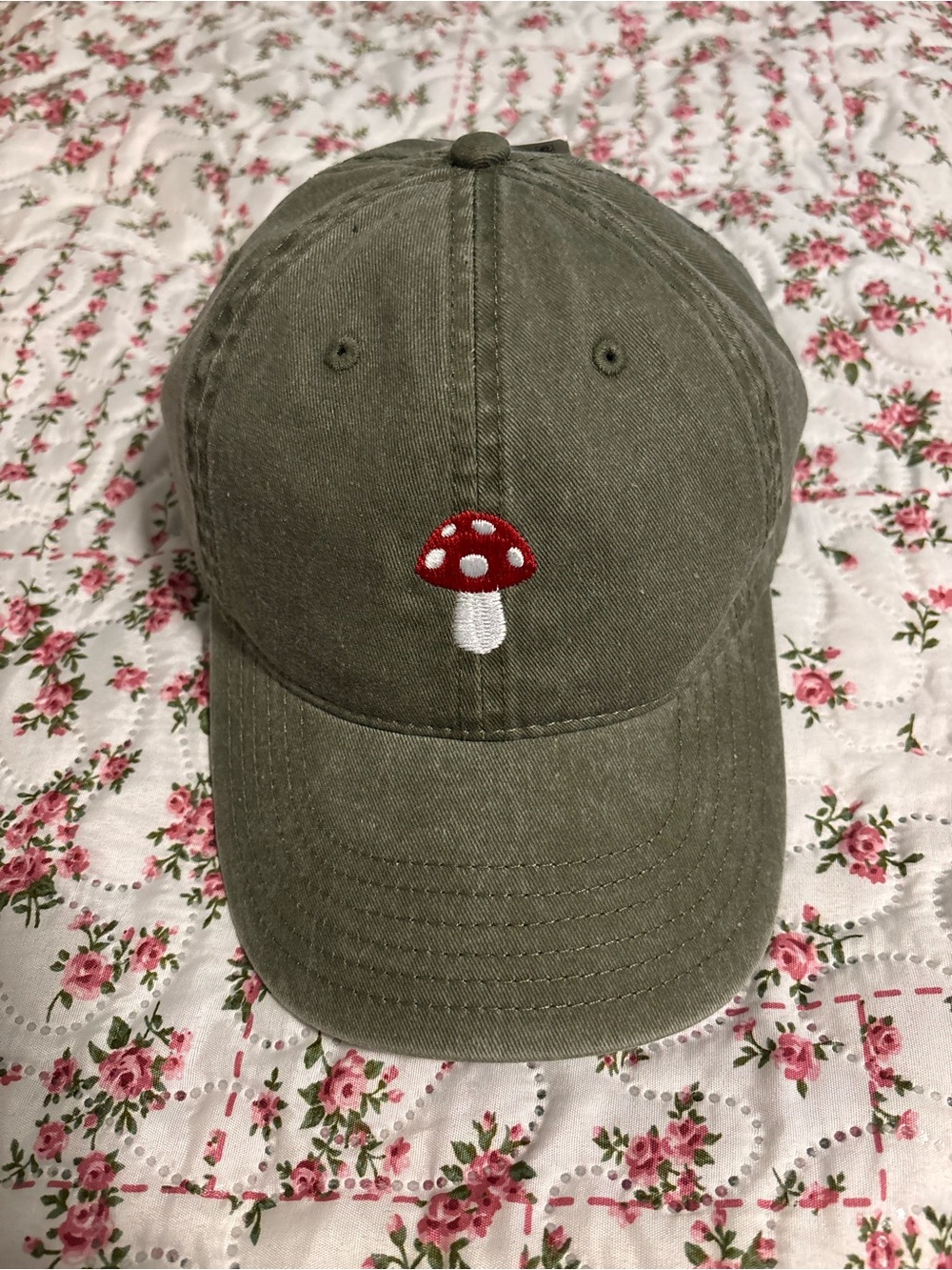 Target Olive Green Baseball Cap with Red Mushroom Embroidery